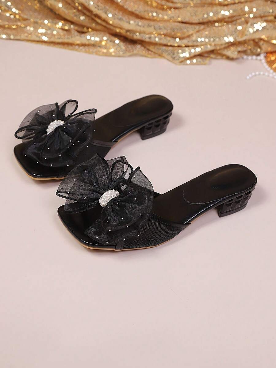 柔软皮革方头宽带凉拖鞋，休闲猫跟人字拖凉鞋，百搭细高跟凉拖鞋，女士 - 黑色 - 查看 1