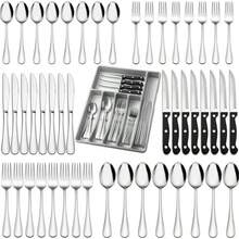 Mexilo 48+1 PCS Juego de Cubiertos con Organizador de Cubiertos, Cubiertos de Acero Inoxidable para 8 personas, Con Cuchillos para Carne, Cucharas, Apto para Lavaplatos, para Hogar, Restaurante, Hoteles - como se muestra en la figura - Ver 2