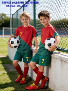 2pcs Customized Name Kids Football Jersey Set - Crew Neck Short Sleeve Shirt And Shorts, Quick Dry Breathable Polyester Soccer Training Gear - Red - View 4