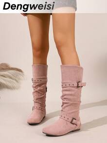 粉色褶皱搭扣侧拉链中筒靴，欧美波西米亚风平底圆头舒适百搭，适合办公室通勤、日常穿着、度假、街头风、校园风等各种场合，时尚女靴 - 粉色 - 查看 6