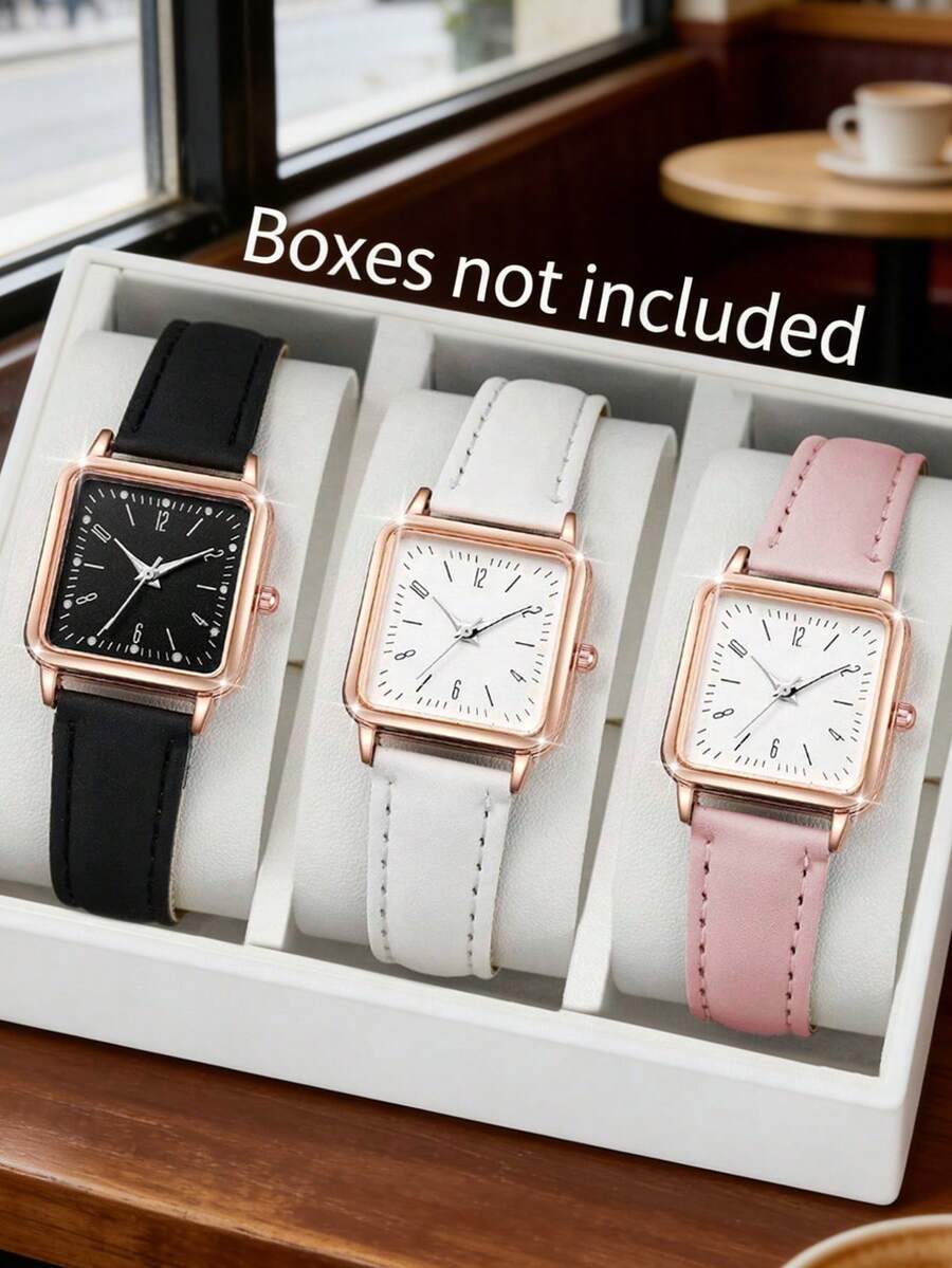 3pcs Minimalist Casual Women's Quartz Watches, Ladies' Gold Accessory Watch Set, Featuring Rose Gold Frames With A Square Minimalist Dial, Compatible With Black, White, And Brown Leather Straps. - Multicolor - View 1