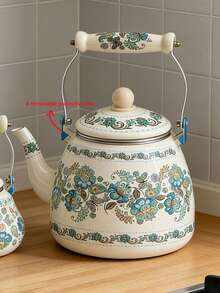 1 buc. Fierbător emailat vintage cu motive florale și mâner ceramic, multifuncțional pentru fierberea apei, cafelei, laptelui, ceaiului pe aragaz, ceai de după-amiază la birou, picnic și camping în aer liber, cadou excelent - Flori albastre - Vizualizare 13