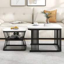 (N625P173136Z) Set Of 2 Modern Side Tables, MDF With Marble Look, High Gloss Black White Steel Tube, 2 Tables Of 65x65x45 Cm And 45x45x39.5 Cm - 白色 - 查看 1