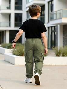 Set de 2 piezas Camiseta de manga corta de unicolor y pantalón cargo de múltiples bolsillos para niños pequeños de 4 a 7 años, para primavera/verano/otoño - Multicolor - Ver 3