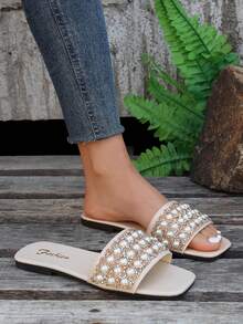 Sandalias planas con aplicaciones de rhinestones para mujer de talla grande, versátiles y casuales para uso en exteriores con suela antideslizante - Blanco - Ver 4