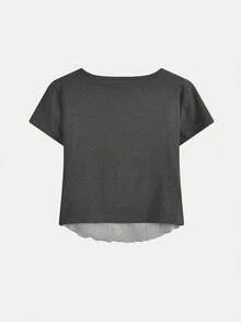 Atasan Kaos Lengan Pendek 2 in 1 Kasual Gaya Korea Musim Panas dengan Warna Kontras, Kerah Persegi, dan Ikatan Depan - Grey - View 5