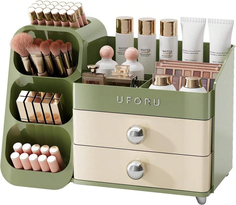 Organizer For Vanity With Brush Holder, Countertop Skincare Organizer With 2 Drawers, Spacious Cosmetic Display Case For Perfumes, Eyeshadow Palettes, Nail Polishes,38050880 - 綠色 - 查看 1