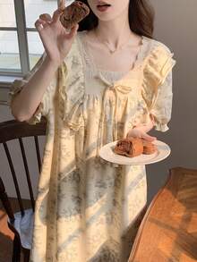 Women's Sleepwear Dress, Solid Color Square Neck Nightgown With Bow Decor, Contrast Color Cute Cartoon Casual Sleepwear Dress, Suitable For Spring And Summer Home Leisure - Apricot - View 11