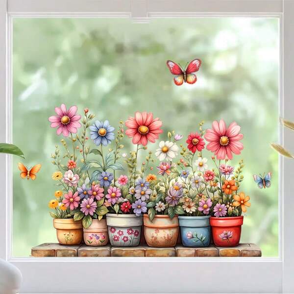 Spring Potted Flower Stickers | Butterfly Sunflower Glass Window Stickers, Shop Window Beautification Stickers, Bathroom Stickers, Spring Home Decoration, Mixed Color, Self-Adhesive