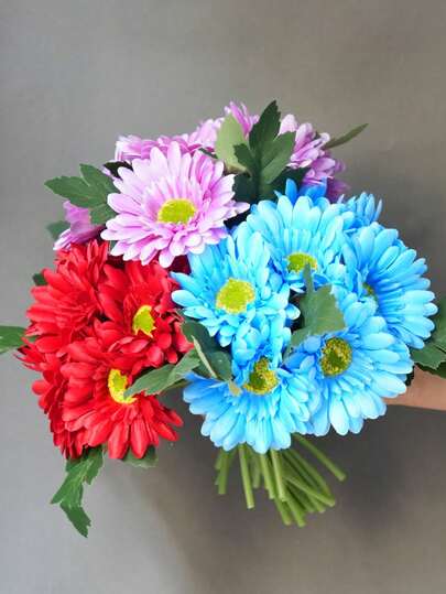 1 Bouquet 12-Head Artificial Daisy Flowers, Fake Silk Chrysanthemum Floral Decor, Home Decoration & Photography Props (7 Flower Heads, 5 Leaves)