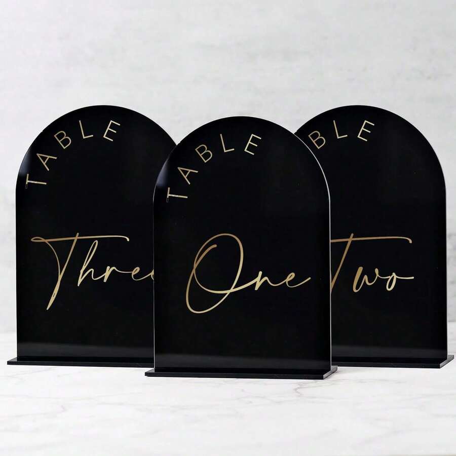 Gold Mirror Arched Wedding Table Numbers With Stands 1-10, 5x7 Inch Acrylic Arch Sign With Holder, Table Number 1-10, 5"X7") (DM9102) - 黑金字體 - 查看 1