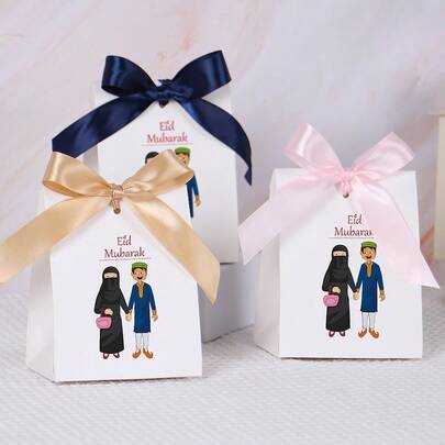 10 st Eid Mubarak-festfavörsaskar med bandrosett islamiskt mönster papperspresentask för muslimsk Eid Al-Fitr-helggodis choklad små presentförpackningar