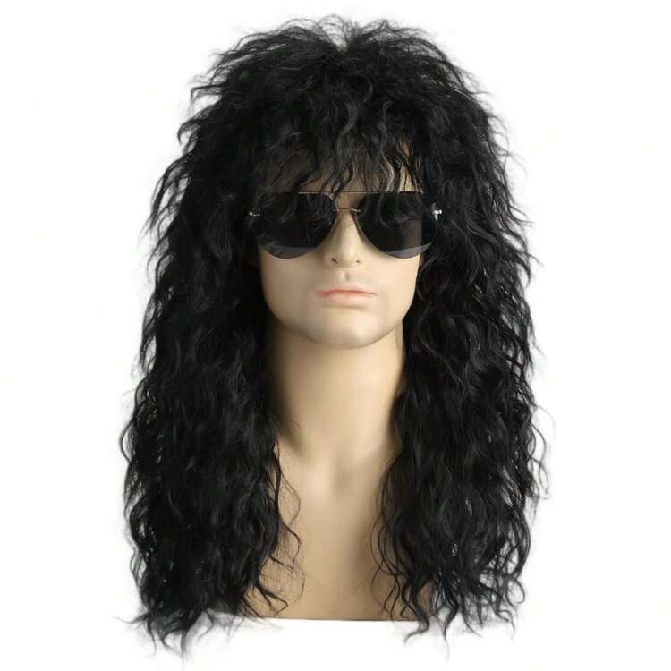 Mens 80s Wig Long Black Curly Mullet Wig Men Costume Heavy Metal Rocker For Costume Party Cosplay,37994508 - màu đen - Xem 1