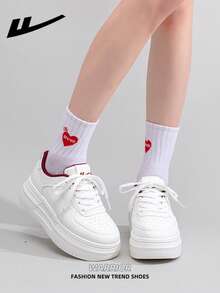 WARRIOR Women's Thick Sole Lace-Up Soft Bottom Casual Sneakers, Low-Top Flat Outdoor Shoes, Summer Commuter Shoes, Round Toe Low Heel Non-Slip Solid Color Elegant Soft Sole Shoes For Hiking, Suitable For Students Graduation Photos, Women's Low-Top Microfiber Sports Skateboard Shoes - White/Wine Red - View 7