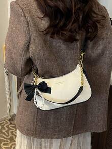 1 pieza Bolso de hombro de unicolor de PU para mujer, bolso multifuncional para debajo del brazo, adecuado para ir al trabajo, bolso cruzado con correa ajustable y decoración de lazo elegante - Blanco - Ver 4