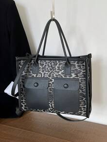 Große Handtasche mit Leopard Muster in Schwarz und Grau, mit zwei Taschen, Schulter- und Umhängegurt, hochwertige Damentasche geeignet für den täglichen Gebrauch, Einkaufen, Fotografie, auch ein tolles Geschenk für Ramadan und Eid Al-Adha - Verschiedenfarbig - Übersicht 4