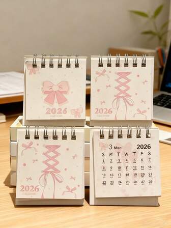 1 pieza Calendario de moño rosa 2026, decoración de calendario de escritorio en miniatura de estilo elegante y femenino, planificador de agenda personal y de negocios, calendario de pared, calendario de cuenta regresiva de Navidad, agenda 2026