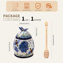 ZOOBEE Ceramic Honey Pots With Dipper And Lid Farmhouse Style10oz Honey Jar With Dipper Handpainted Honey Jars With Bees Easily Wash-Deep Love - 藍莓微風 - 查看 3