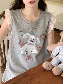 Bộ đồ ngủ nữ 2 món, áo in hình cún con dễ thương và chữ tiếng Anh, quần short in hình cún con khắp nơi, thích hợp cho mặc thường ngày mùa xuân/hè. - Màu Xám nhạt - Xem 5