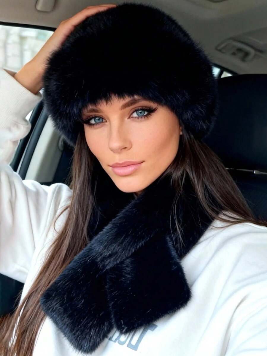 1 Set Hat + Scarf Combo, Women Winter Hat, Fluffy Faux Fur Thickened, European & American Style Thick Bucket Hat, Knitted Hat With Ear Protector, Black/Pink/Khaki Available - Multicolor - View 1