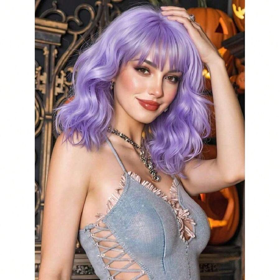 Purple Wig With Bangs Short Wavy Curly Bob Wigs For Women Colorful Wigs Shoulder Length 14 Inches Synthetic Fiber Hair For Halloween Costumes Cosplay,38047757 - Màu tím - Xem 1