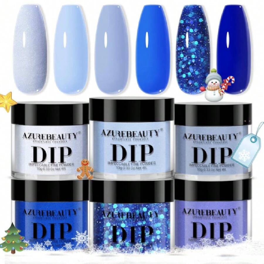 Dip Powder, Christmas Winter Blue Glitter 6 Colors Dipping Powder Starter Kit French Nail Art Manicure DIalon For Women, No Need Nail Cured,37983890 - 藍色 - 查看 1