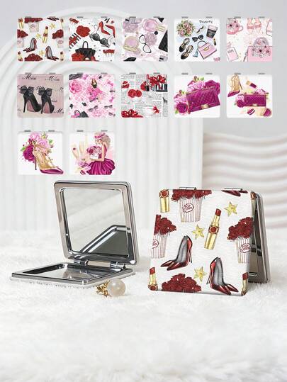 1个时尚折叠化妆镜，小巧便携手持镜，采用耐用PU皮革材质，适合各种场合，卡通图案包括玫瑰高跟鞋、星星、化妆品、报纸印刷等，精致折叠结构，可靠耐刮擦，方便携带。