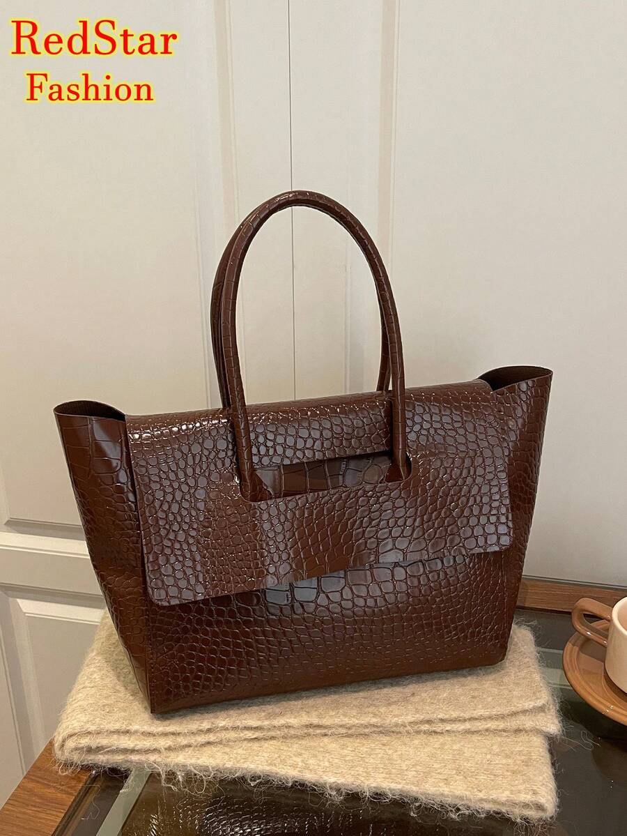 Bolso de mano de mujer de moda nuevo, de unicolor, con grano de cocodrilo de PU, de alta gama, de gran capacidad, con doble asa superior, adecuado para uso diario, trabajo, viajes, compras, accesorio de bolso de mano multifuncional para damas