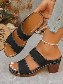 Plus Size 36-43 European & American Style Summer New Fashion Open Toe Plus Size Sandals, Slip-On Thick Heel Increased Height Women High Heel Sandals, Black & Brown - Black Matte - View 4
