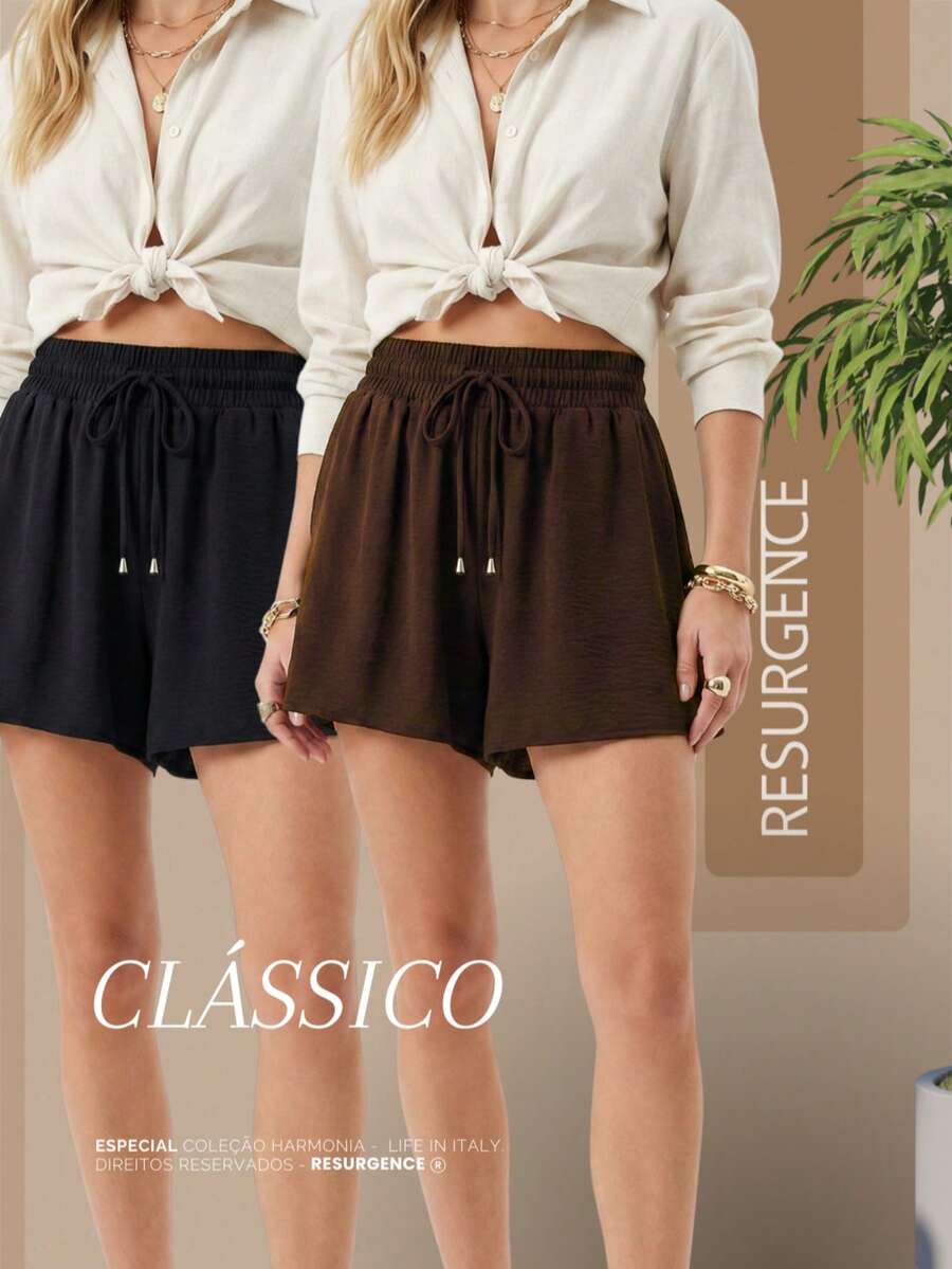Women's Loose-Fitting High-Waisted Shorts With Elastic Waist, Comfortable, Duna Fabric, Casual, Chic, Everyday, Lightweight, Basic, Blogger Style, Knit Fabric, Faux Drawstring, Women's Fashion, Home, Beach, Vacation, Diary, Brunch, Travel, Spring, Summer - 銀色 - 查看 1