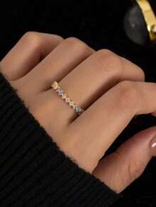 Flyleaf 1pc Luxury 925 Silver 14K Gold Plated Full Circle Colorful Cubic Zirconia Ring, Party & Daily Wear High-End Jewelry - 金子 - 查看 2