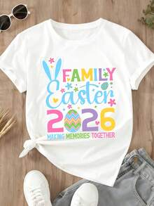 Women Round Neck T-Shirt Easter Family 2026 Making Memories Together Bunny Ears Egg And Flowers Print Casual Spring Holiday Outfit For Easter Celebration - 白色 - 查看 2