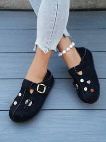 2026 New Women Cartoon Button Slip-On Casual Flat Soft Bottom Loafers - Black - View 7