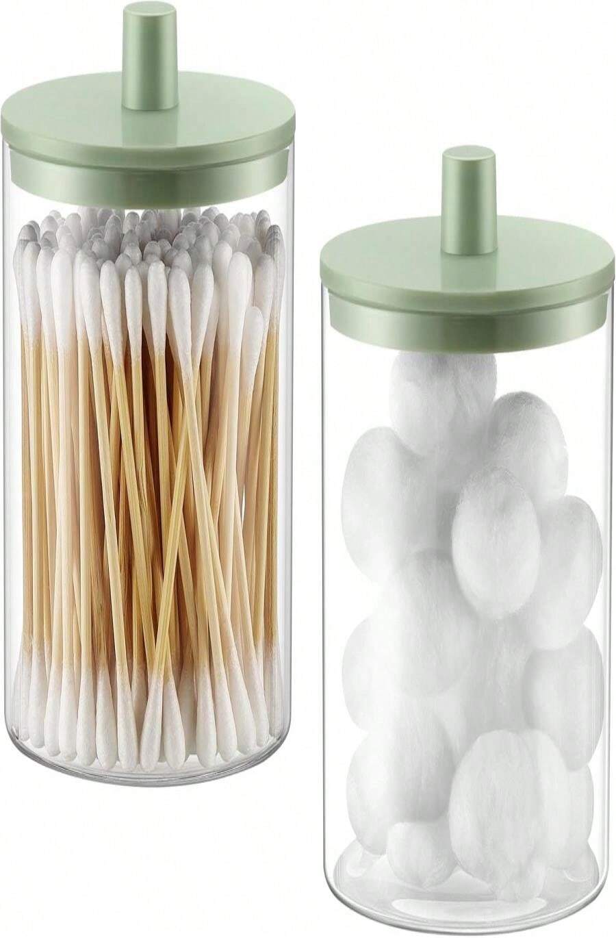 TIPGO Glass Qtip Holder Dispenser - 10 Oz Clear Canister Apothecary Jar, Bathroom Vanity Storage Organizer Set For Cotton Swabs, Pads, Floss Picks, Small Containers For Makeup Storage (2 Pack, Black) - ColorC - View 1