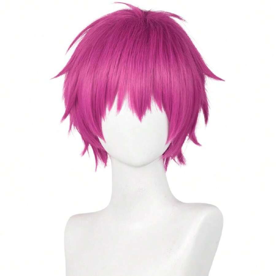 Peluca corta de anime color rosa rojo, peluca sintética con capas y puntas para hombres, estilo cabello rosado y rojo, para disfraz unisex de Halloween y fiestas, 37994635 - Rosa Roja - Ver 1