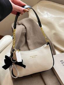 1 pieza Bolso de hombro de unicolor de PU para mujer, bolso multifuncional para debajo del brazo, adecuado para ir al trabajo, bolso cruzado con correa ajustable y decoración de lazo elegante - Blanco - Ver 5