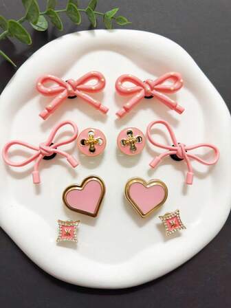 10pcs Casual Pink (Polka Dot Bow, Rope Bow, Big Heart Shape) Shoe Clips, DIY Decorations, Suitable For Women's Sandals, Slippers, Beach Bags, Multi-Functional Shoe Accessories, Ideal As Christmas, Halloween And Birthday Party Gifts