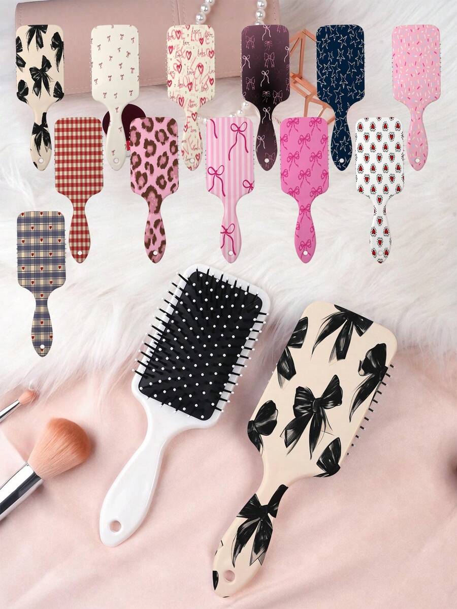 1 pieza Peine de cabello con cojín de aire de estética Y2K, con elementos de diseño únicos de la era Y2K del milenio como lazo, corazón, cuadros, estampado de leopardo y patrones de pentagrama - Multicolor - Ver 1