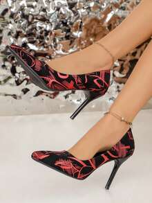 Teens' Color Block Graffiti High Heel Pointed Toe Low Vamp Party/Work Pumps - Red - View 4