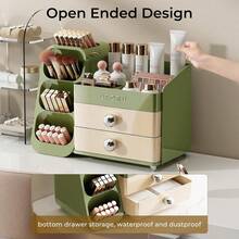 Organizer For Vanity With Brush Holder, Countertop Skincare Organizer With 2 Drawers, Spacious Cosmetic Display Case For Perfumes, Eyeshadow Palettes, Nail Polishes,38050880 - 綠色 - 查看 6