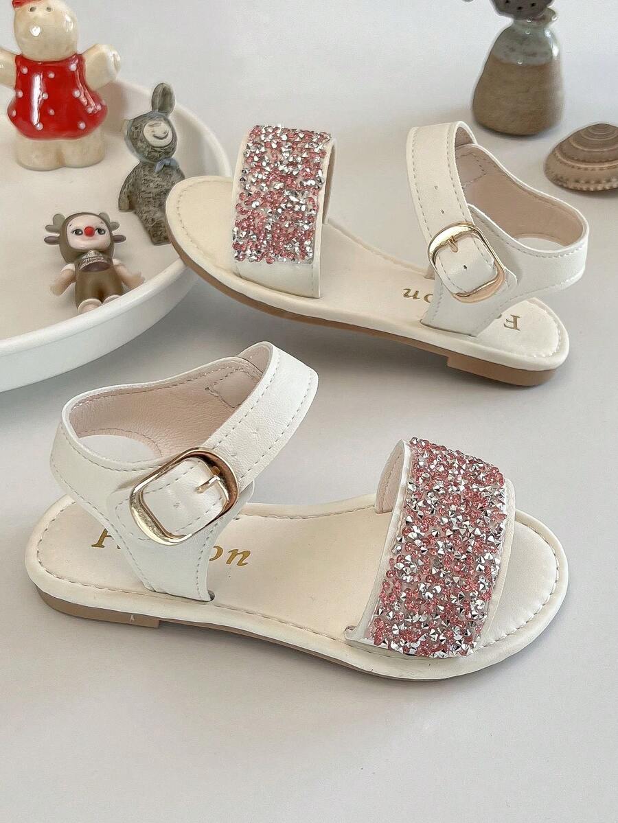 1 Pair Girls' Sweet Princess Sandals: White Upper With Pink-Silver Rhinestone Strap, Open Toe Adjustable Ankle Buckle, "Fashion" Printed Insole, Light Brown Non-Slip Rubber Sole, Daily Party Festival Footwear - Pink - View 1