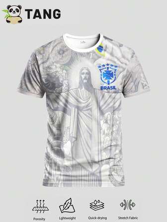 Brazil Statue Special Edition Men's Soccer Jersey & Crew Neck Comfortable Sports Top, Suitable For Match, Football Training, Casual And Holiday Wear, Gift