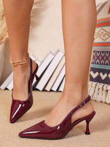 7厘米高跟女式凉鞋，黑色尖头猫跟套脚式礼服鞋，优雅系带设计 - 酒紅色 - 查看 3