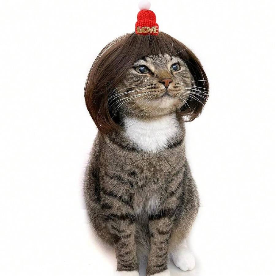 Funny Dog Cat Cosplay Wig, Dog Wigs For Small Medium Dogs, Wigs Cosplay Wigs For Women Wig Install Kit Pet Costume Wig For Halloween Christmas Parties Festivals (Black Brown Straight Hair With Red Hat),38049423 - 紅色 - 查看 1