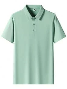 Men's Summer Ice Silk Quick-Dry Cool-Touch Polo Shirt, Business Thin Short Sleeve T-Shirt, Casual Elastic Solid Color Top Sports - Mint Green - View 3