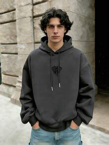 男士休闲时尚街头连帽衫，带袋鼠口袋和抽绳，秋冬款 - 深灰色 - 查看 2