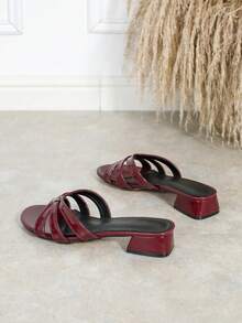 Women's Round Toe Low Heel Slippers, Versatile Comfortable Non-Slip Chunky Heel Roman Sandals For Commuting And Dating - Burgundy - View 5