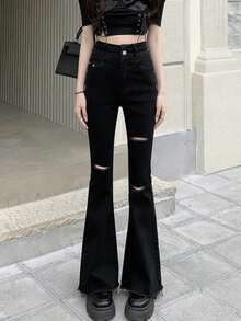 Celana Jeans Wanita Model Slim Fit Pinggang Tinggi dengan Potongan Lebar dan Kantong, Kasual, Warna Hitam, Cocok untuk Musim Semi dan Gugur. - Hitam - View 7