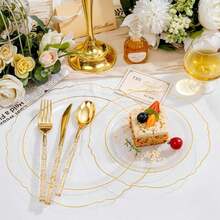 150PCS Clear Silver Plastic Plates & Disposable Silver Plastic Silverware With Glitter Bamboo Handle Cutlery-Baroque Clear Disposable Plates For Wedding & Easter Day & Mother's Day-TrugenixYSN1B - 金色 - 查看 6