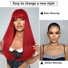 Red Wig With Bangs Long Straight Wigs For Women Red Natural Looking Hair Synthetic Heat Resistant Womens Wig For Daily Party Cosplay Use 22 Inch,38045211 - Red - View 5